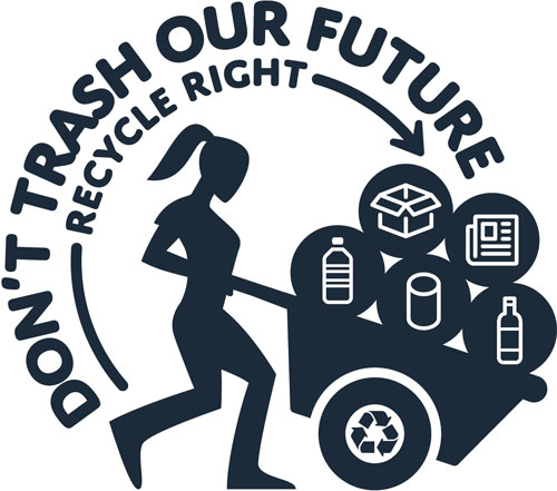 Monroe County's recycling program logo with words: Don't Trash Our Future, Recycle Right and woman pushing wheel barrow with recyclables