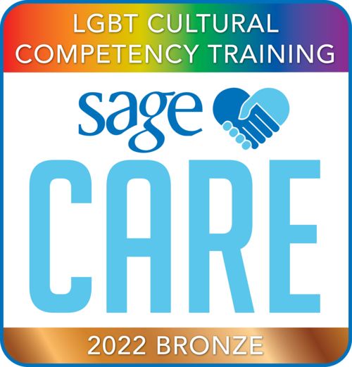 Image with words: "LGBT Cultural Competency Training Sage Care 2022 Bronze"