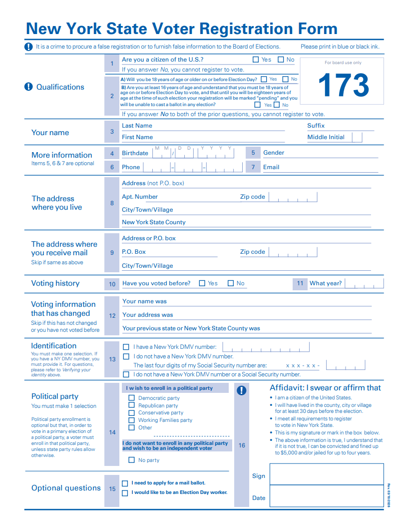 NY State Voter Registration Form - English (Printable)