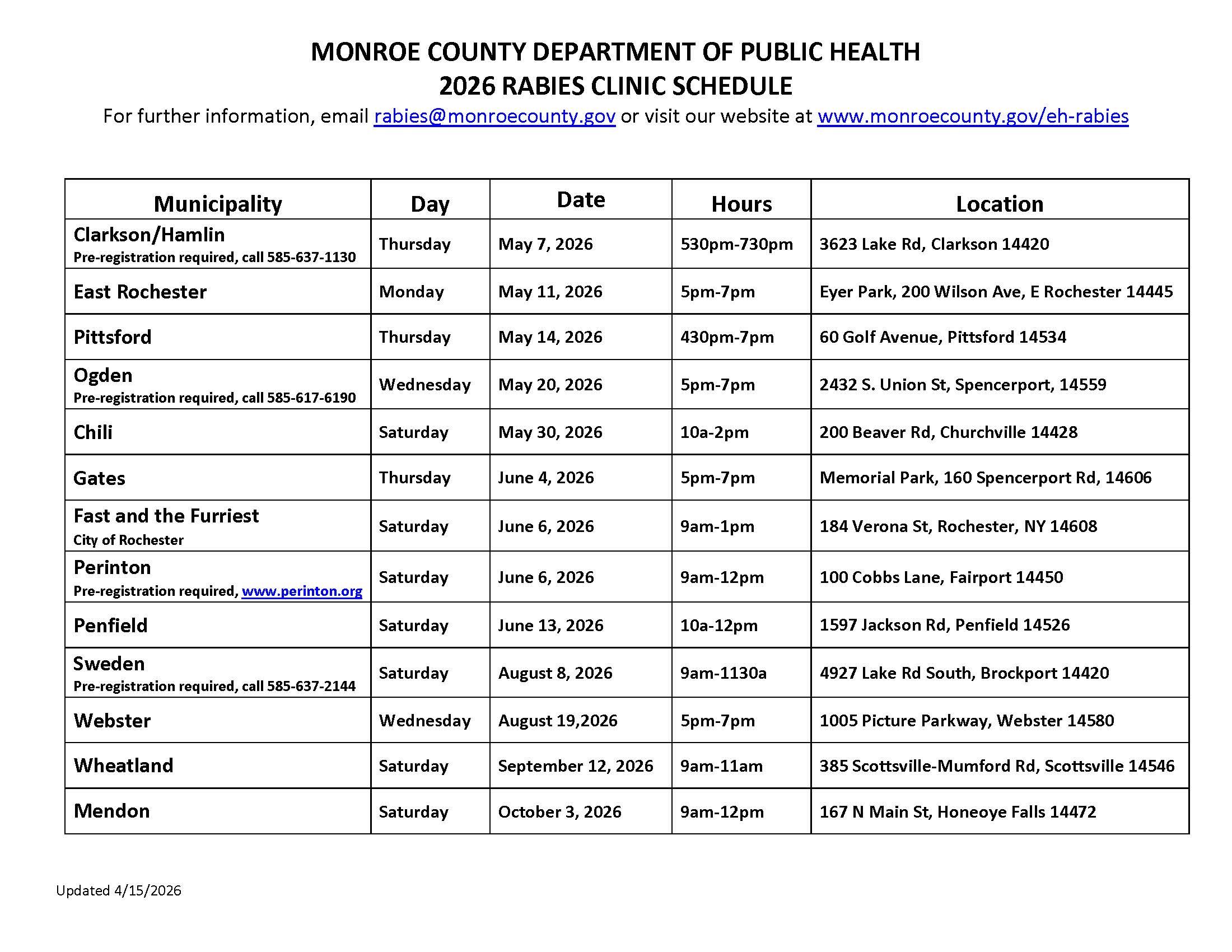 2026 Rabies Clinic Schedule