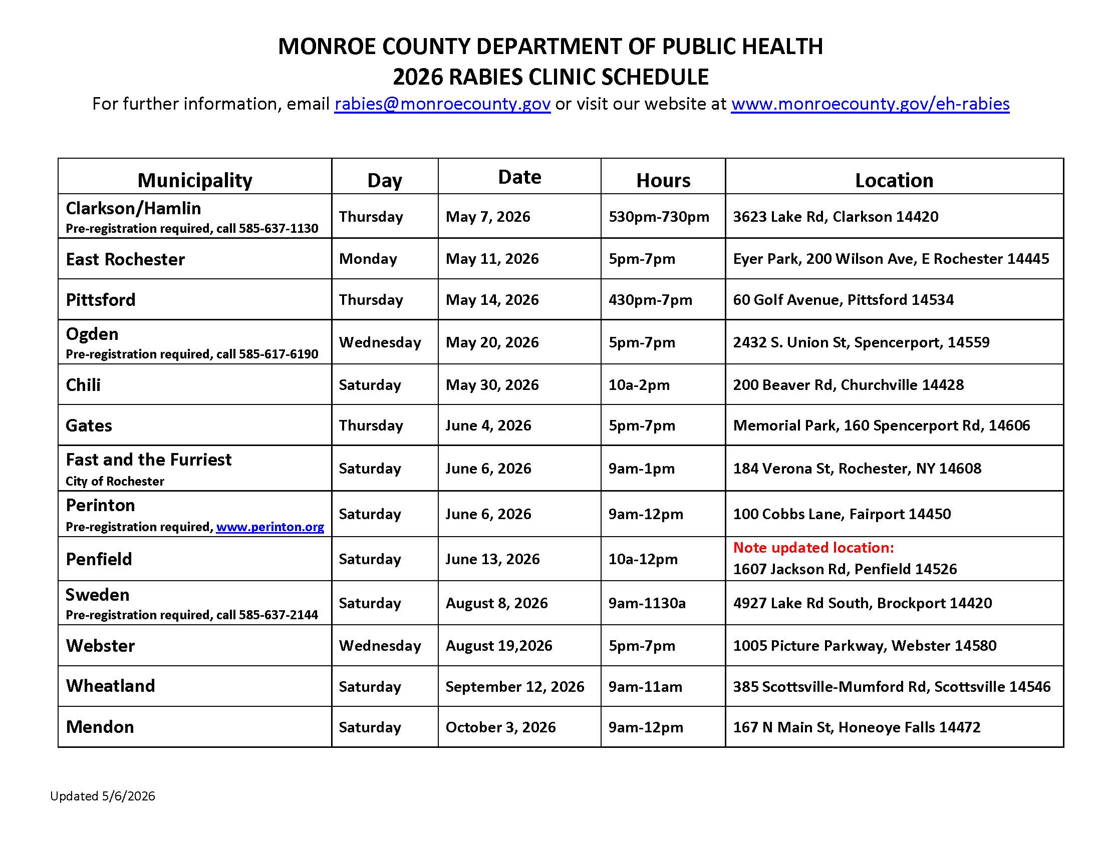 2026 Rabies Clinic Schedule