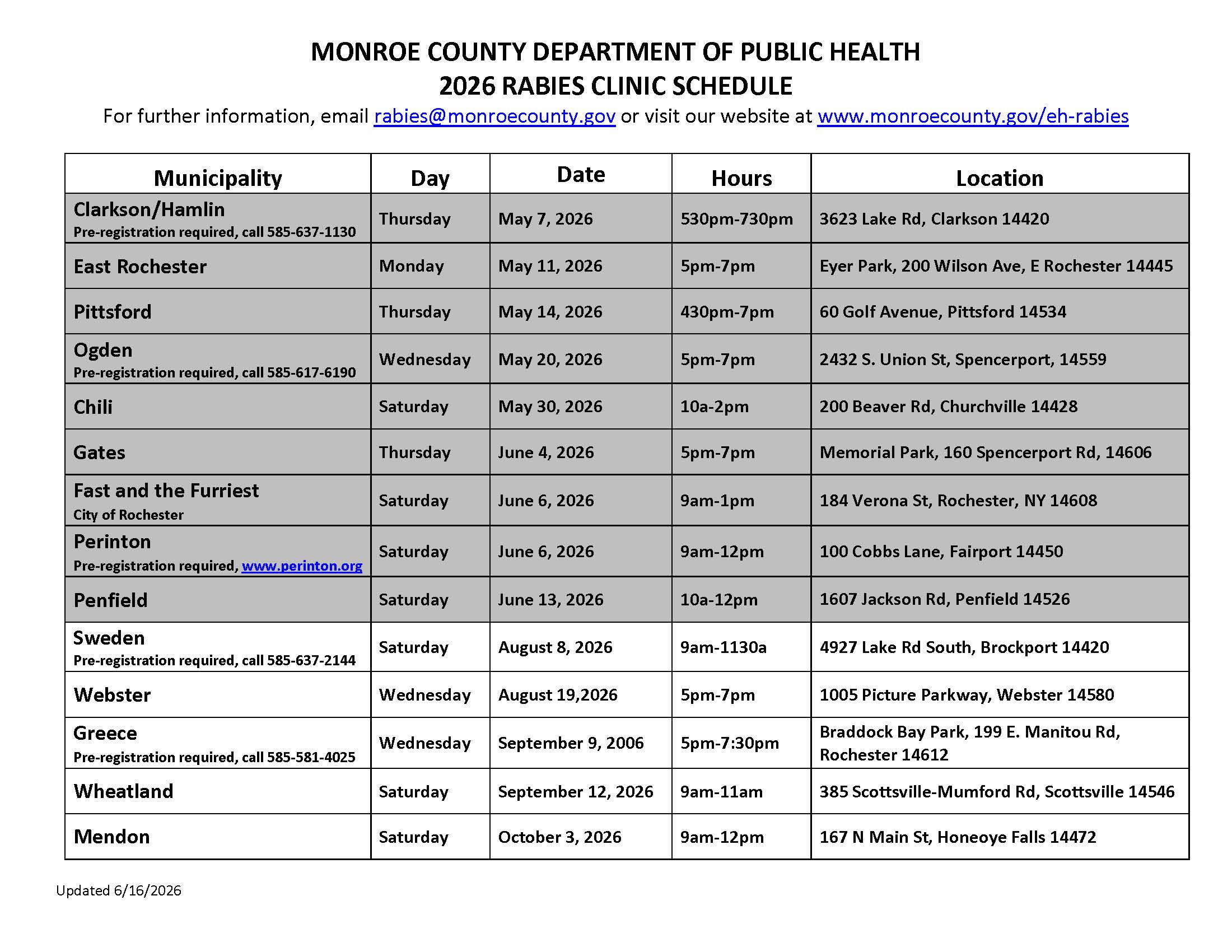 2026 Rabies Clinic Schedule