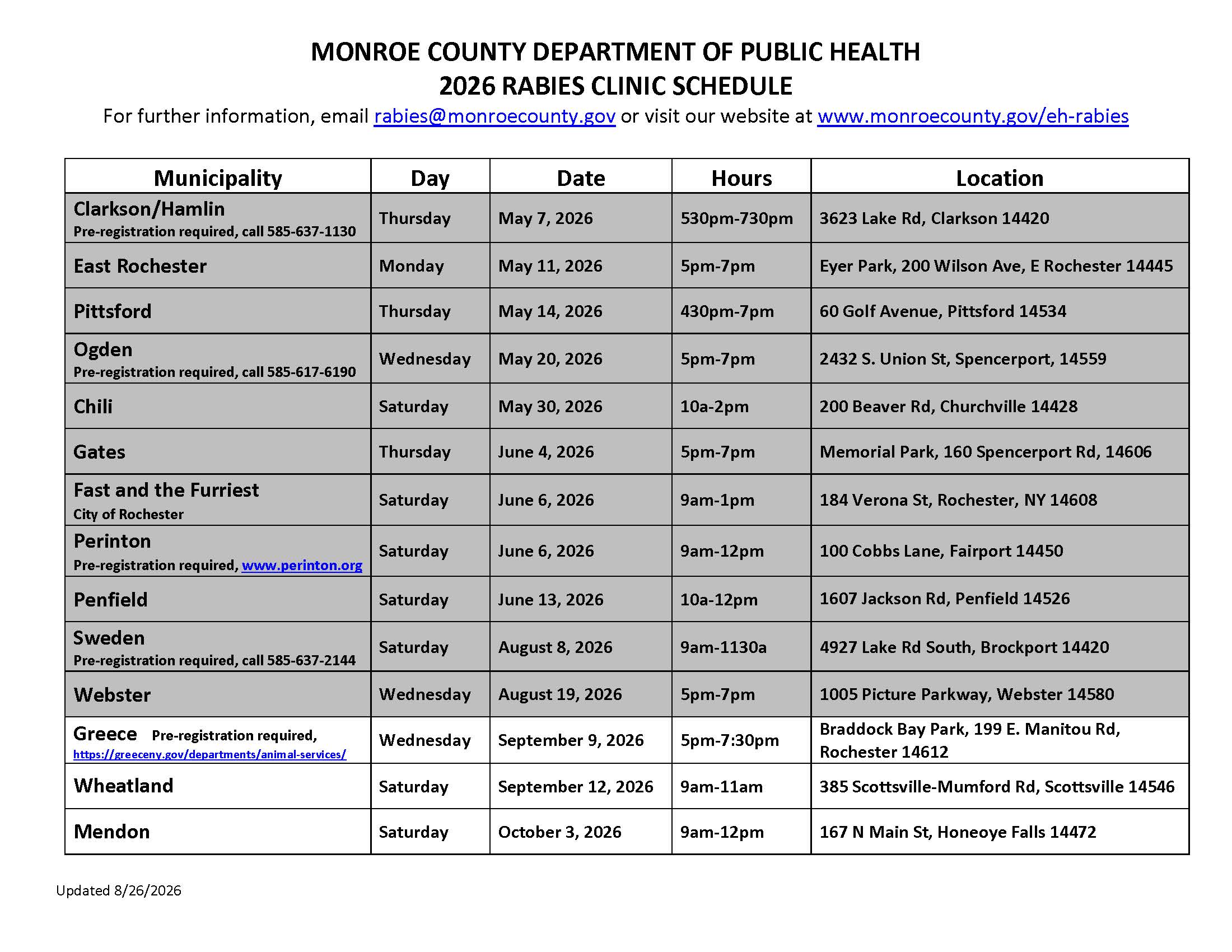 2026 Rabies Clinic Schedule