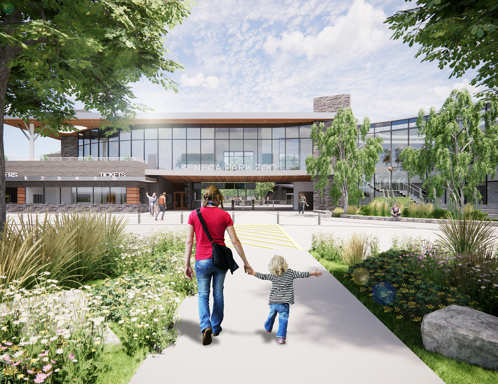 Adult and Child approach new front entry plaza (rendering)